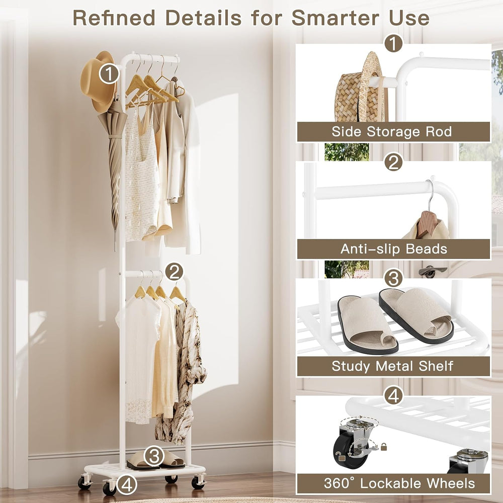 Small Rolling Clothing Rack with Shelf, Narrow Clothes Rack with Wheels