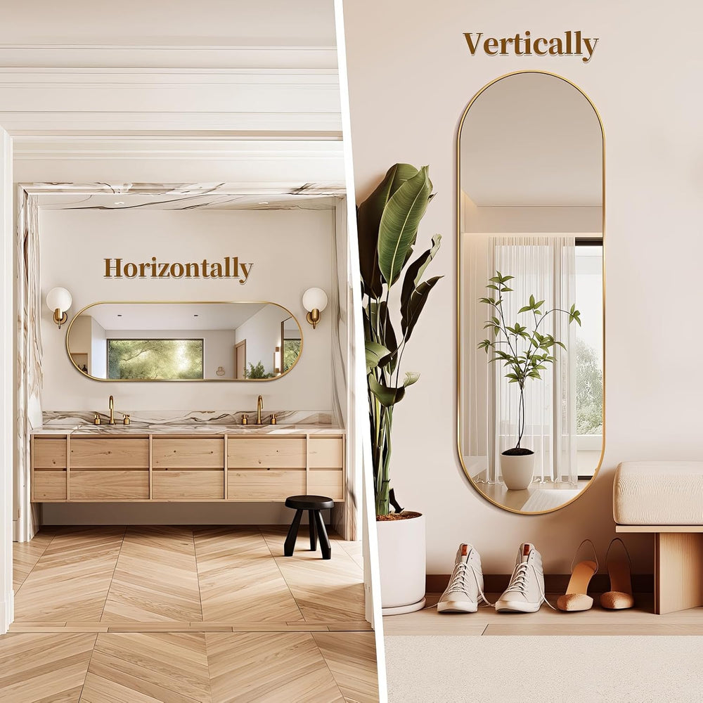 Oval Full Length Mirror, 48"×16" Wall-Mounted Mirror with Metal Fra...
