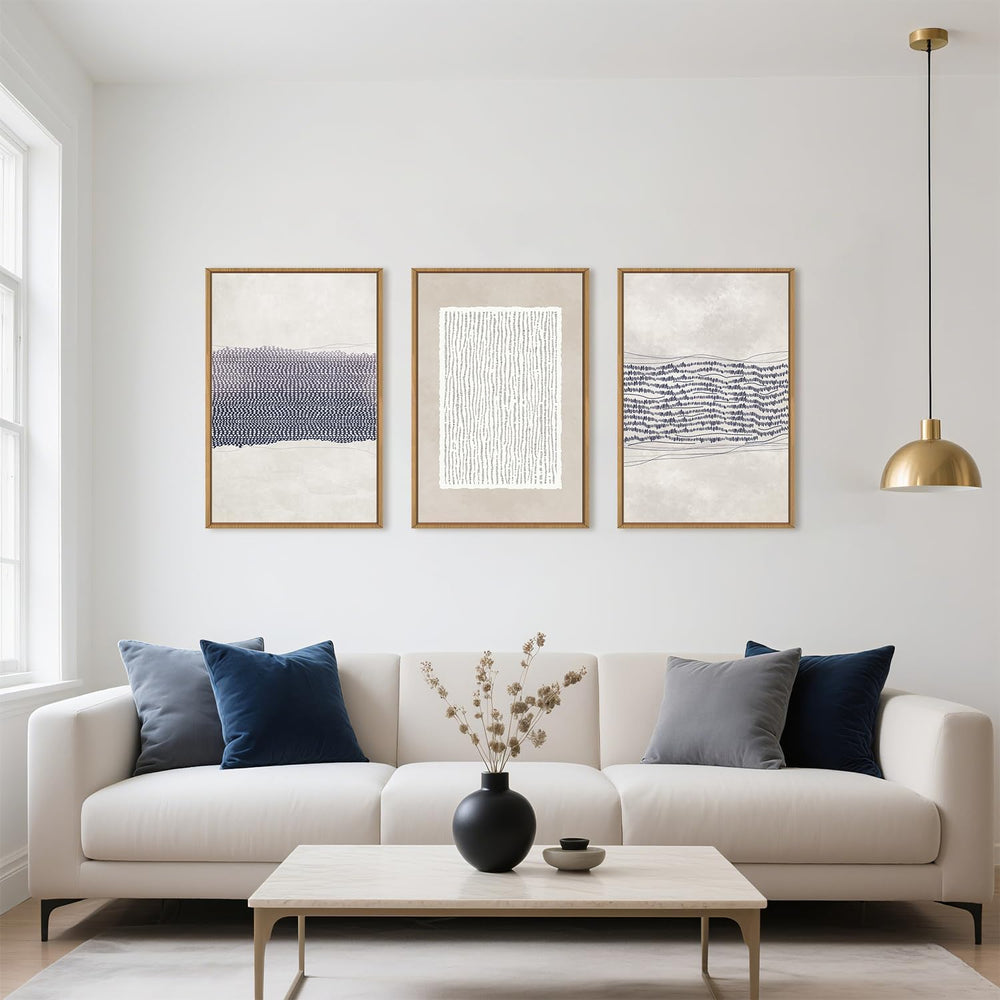 HOURIA Blue White Abstract Neutral Framed Canvas Wall Art Set- 16"x24&qu...