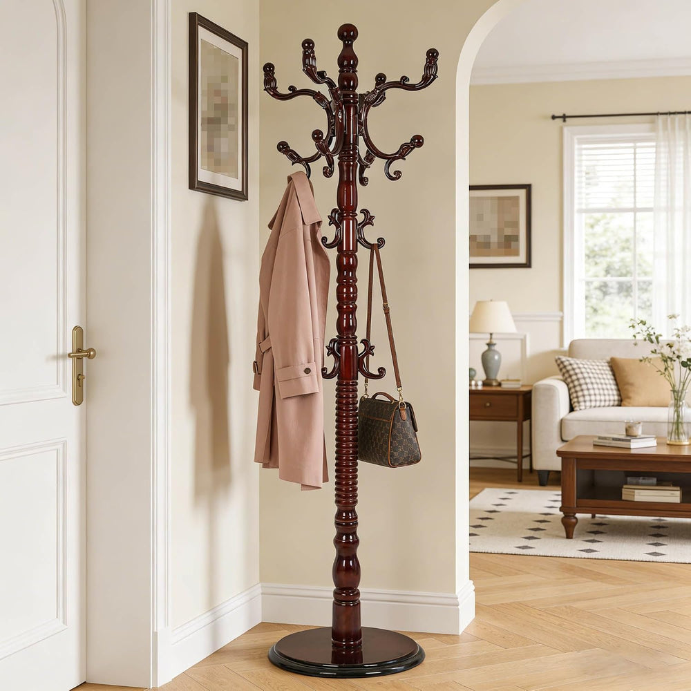 Wooden Coat Rack Freestanding Heavy Duty with 18 Hooks, Mahogany
