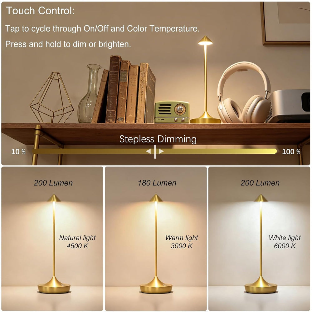 Cordless Rechargeable LED Table Lamp Set of 2, Gold