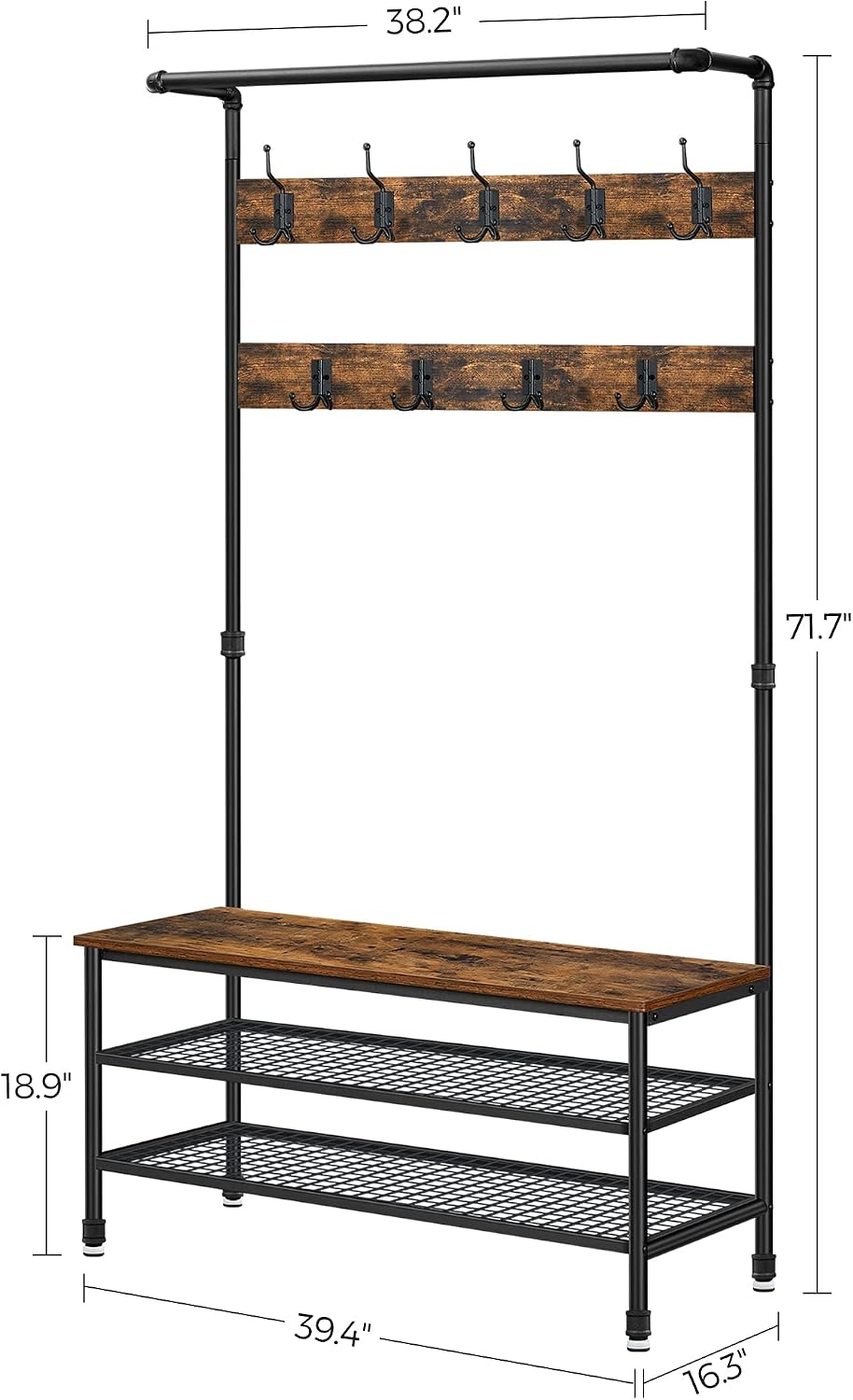VASAGLE Coat Rack and Storage Bench, Hall Tree with 9 Hooks, Steel Frame