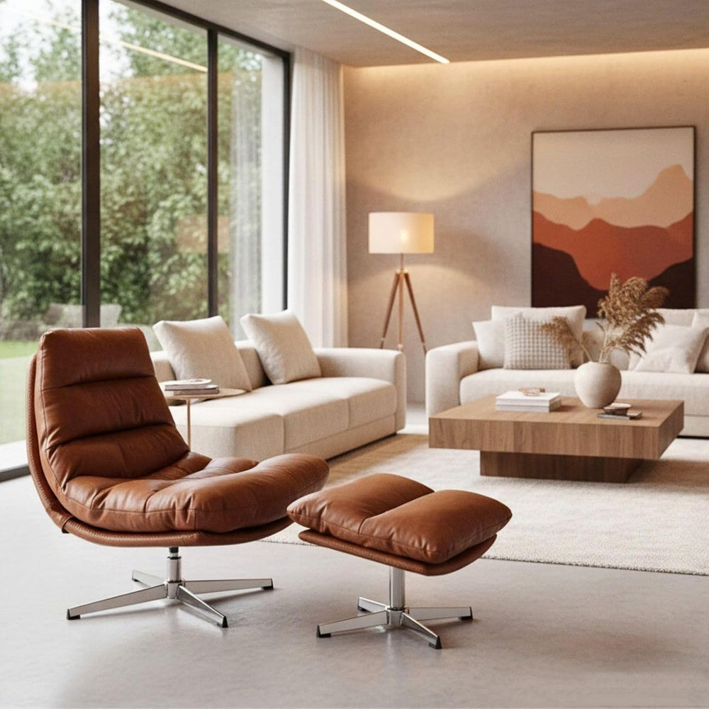 Modern Swivel Accent Chairs with Ottoman Set of 2, PU Leather Oversized Armle...