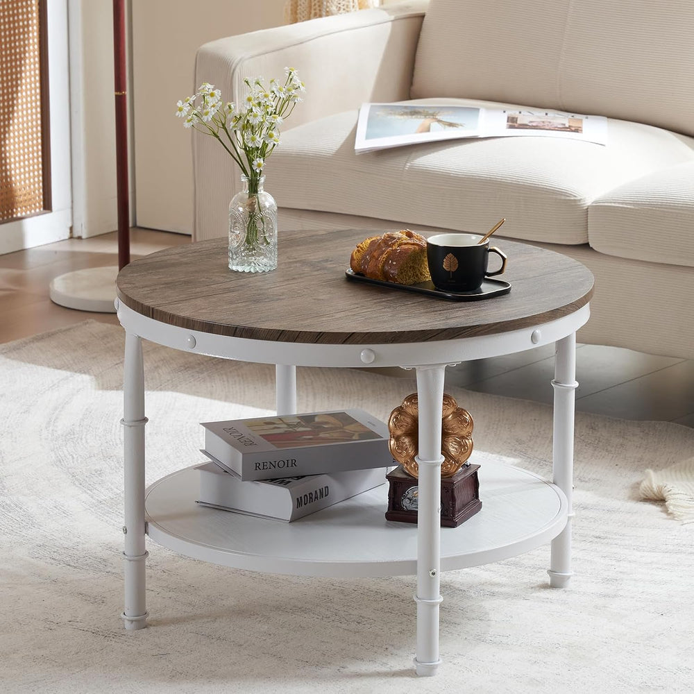 VINGLI 25.6" Round Farmhouse Coffee Table with Storage, Dark Walnut White