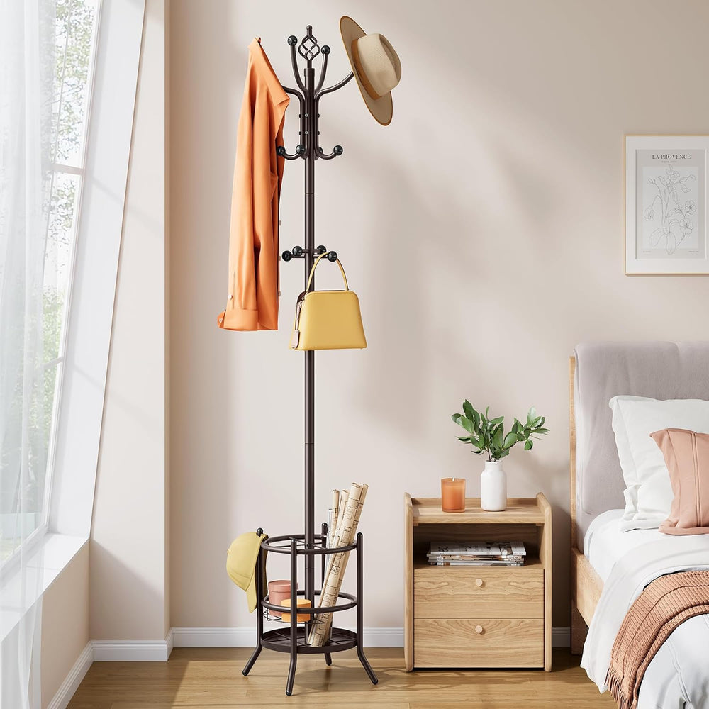 Tajsoon Coat Rack with Umbrella Stand, Coat Tree With 16 Hooks, Brown