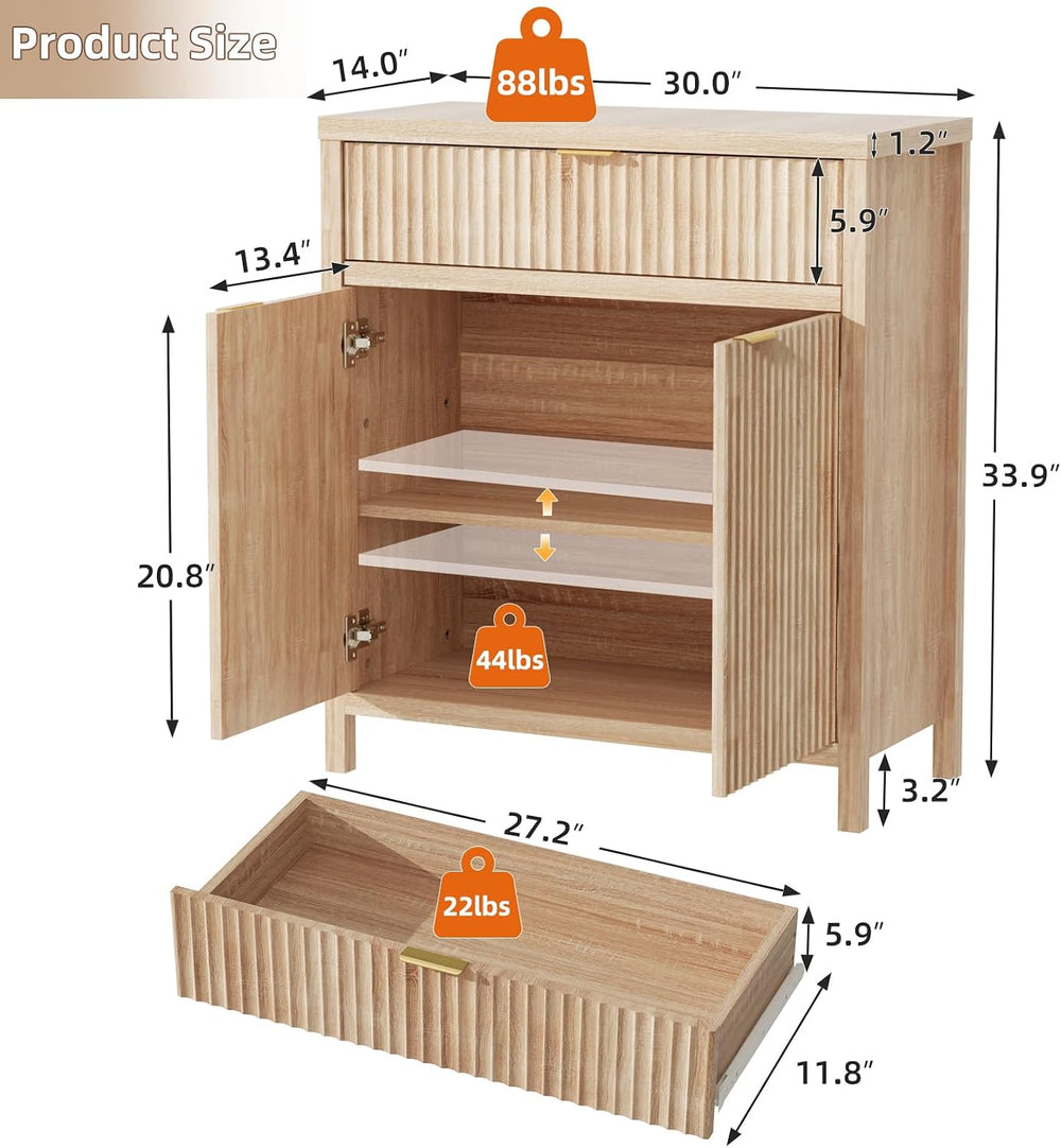 Wooden Sideboard Buffet Cabinet with Drawer and 2 Doors, Modern Fluted Storag...