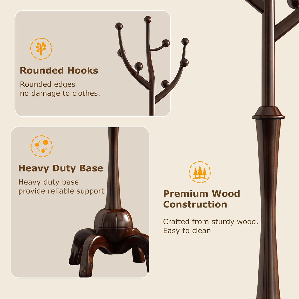 Wood Freestanding Coat Rack 8 Hooks Coat Tree Standing,Dark Walnut
