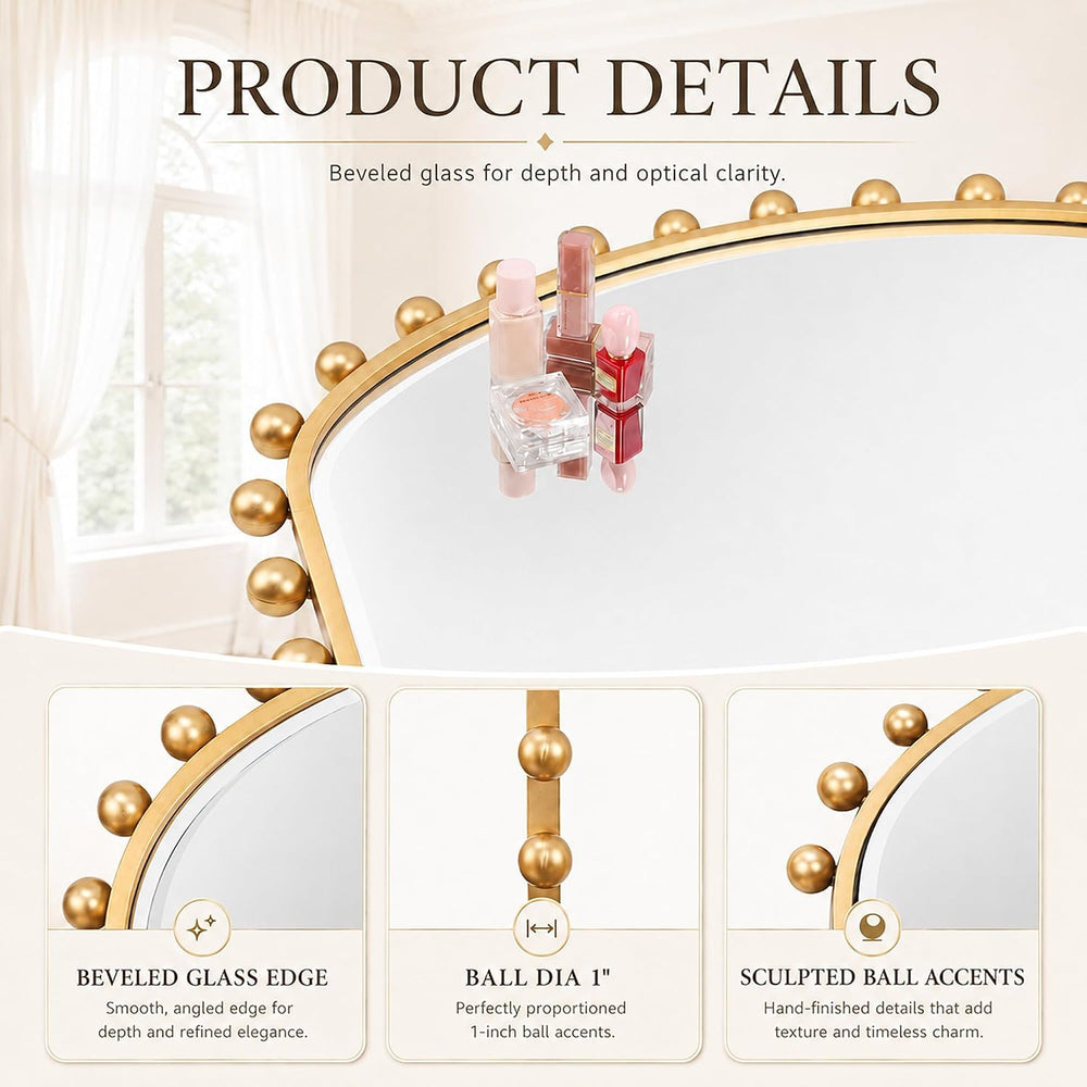36"x28" Wide Arch Wall Mirror, Antique Gold Ball Frame for Mantel