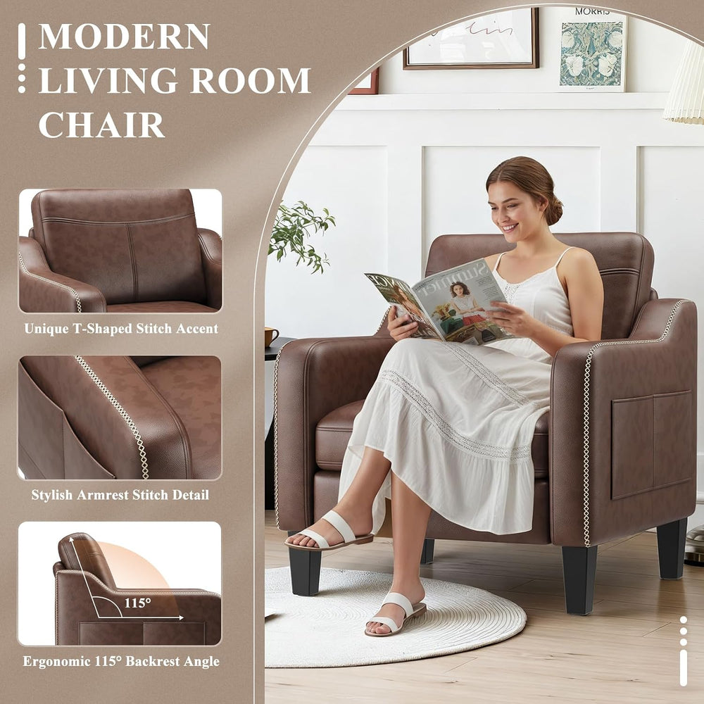 MALOL PU Leather Accent Chair with Solid Wood Frame, Chocolate Brown
