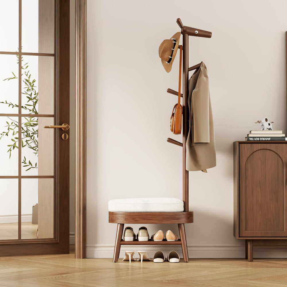 AQIMUELE Shoe Bench with Coat Rack, Shoe Rack with 9 Hooks, Walnut
