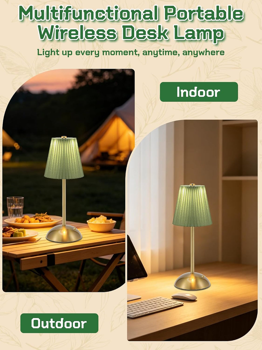 2 Pack Cordless Table Lamp, LED Desk Lamps Rechargeable Touch Light(Green)