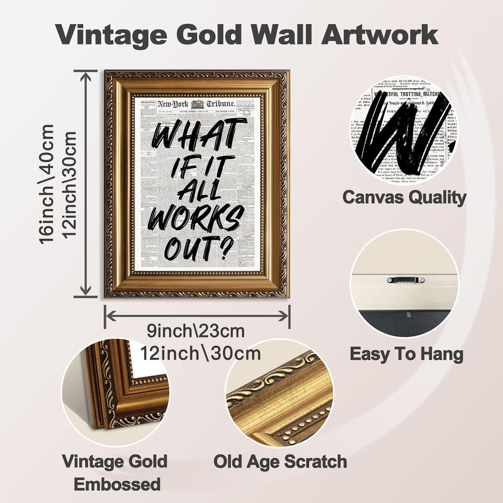 Gold Framed Wall Art Retro Black And White Newspaper Poster What If It All Wo...