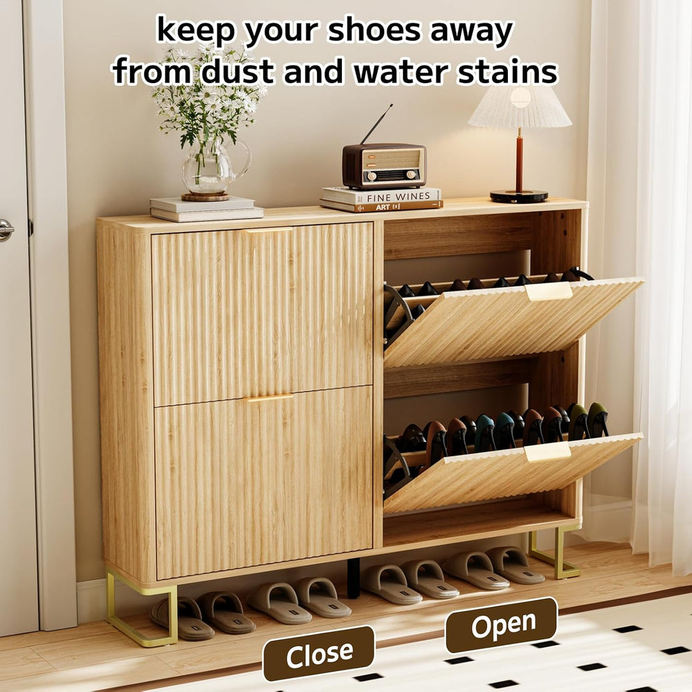 Fluted Shoe Cabinet Storage with 4 Flip Drawers, Adjustable 2-Tier Shelf