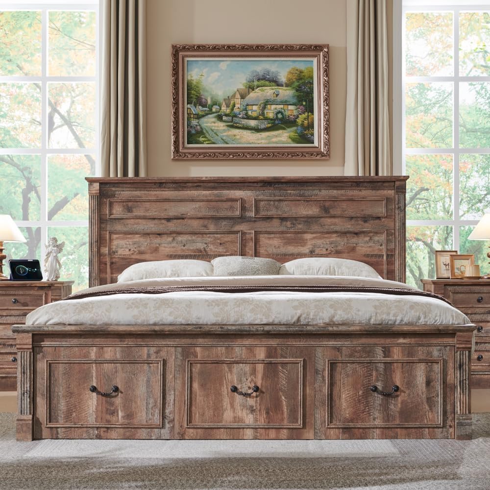 Aitjunz Farmhouse King Size Bed Frame w/51 Tall Headboard, Light Brown