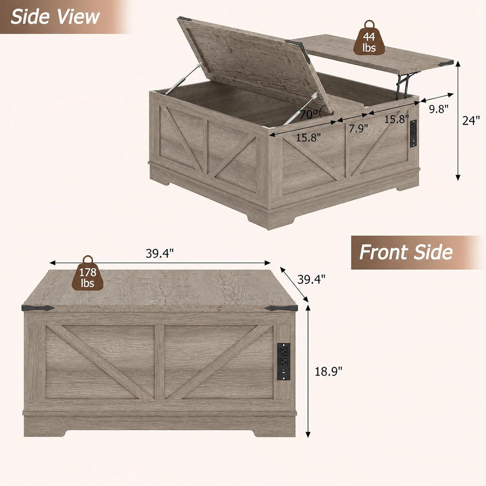 EAG 40" Large Lift Top Coffee Table with Storage, Grey