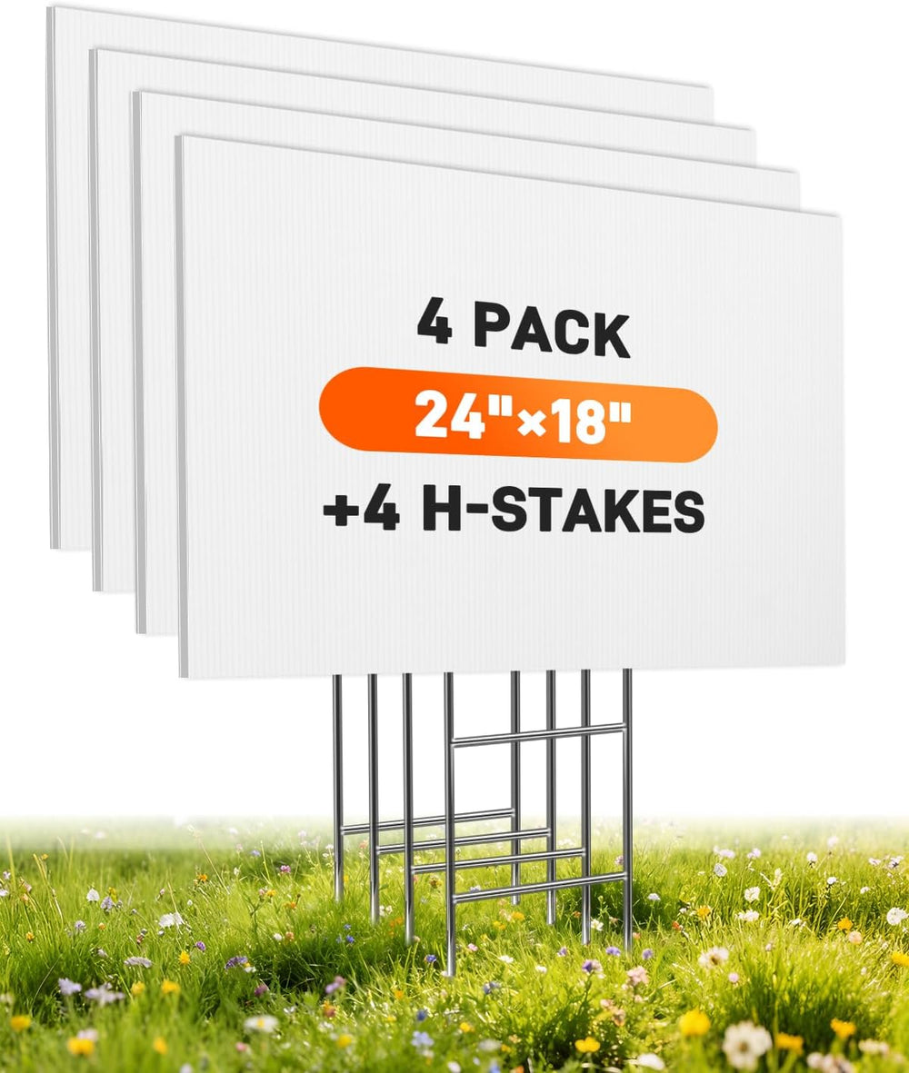 4 Pack Blank Yard Signs with Stakes, 24" x 18" 5mm Corrugated Plast...