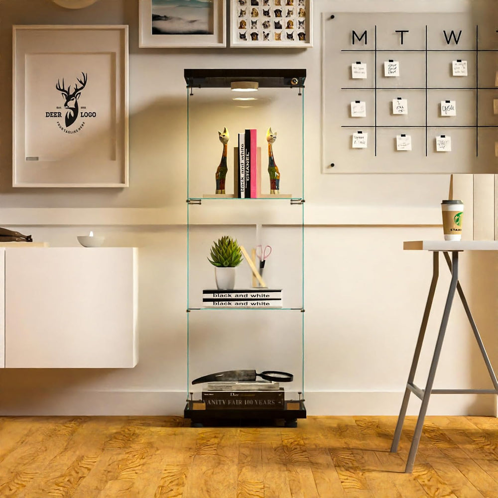 FANYUSHOW Glass Display Cabinet with LED Light & Lock, 1-Door 3-Shelf Black