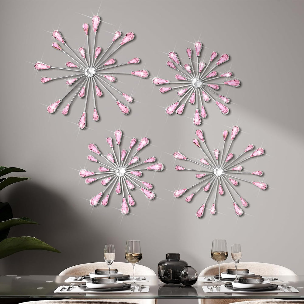 Hicarer 4 Pcs Starburst Wall Decor, Bling Metal Wall Art, Pink