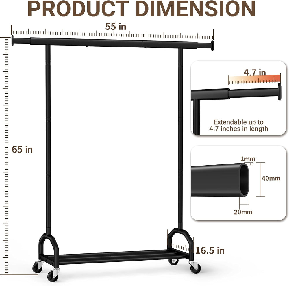 65" Metal Clothes Rack, Heavy Duty Rolling Clothing Rack 380LBS