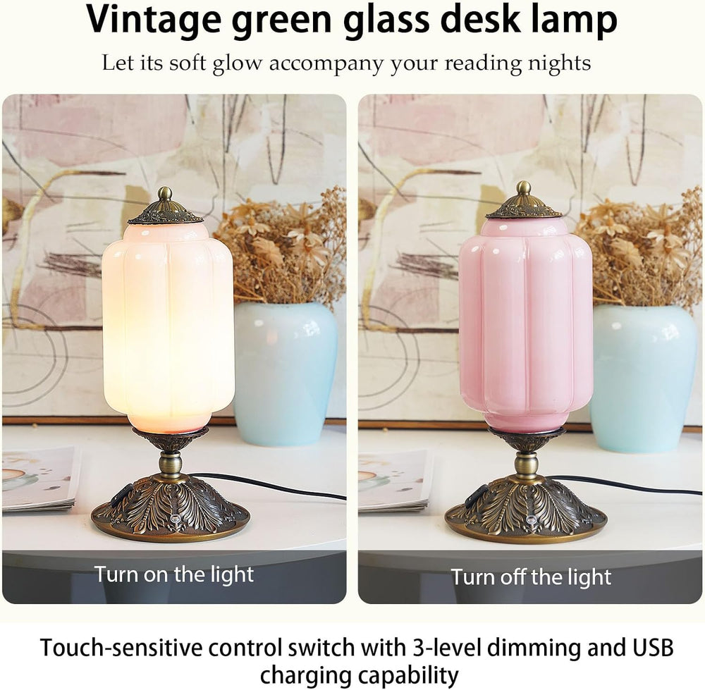 Vintage Pink Milk Glass Touch Bedside Lamp, 3-Way Dimmer, USB-C+A
