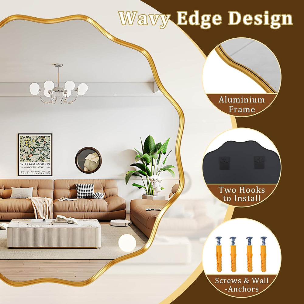 30" Decorative Scalloped Round Wall Mirror, Wavy Metal Deep Frame, Gold