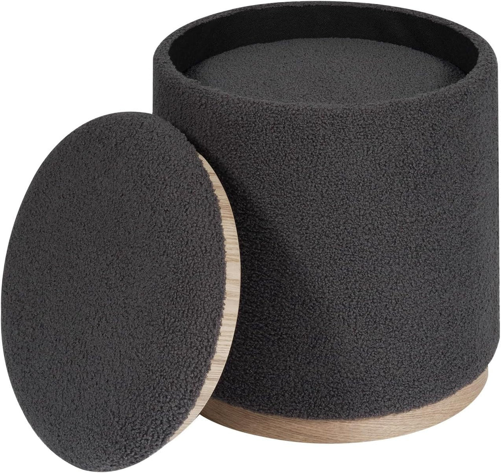 PINPLUS Round Storage Ottoman Set of 2, Dark Grey Boucle Stools with Tray