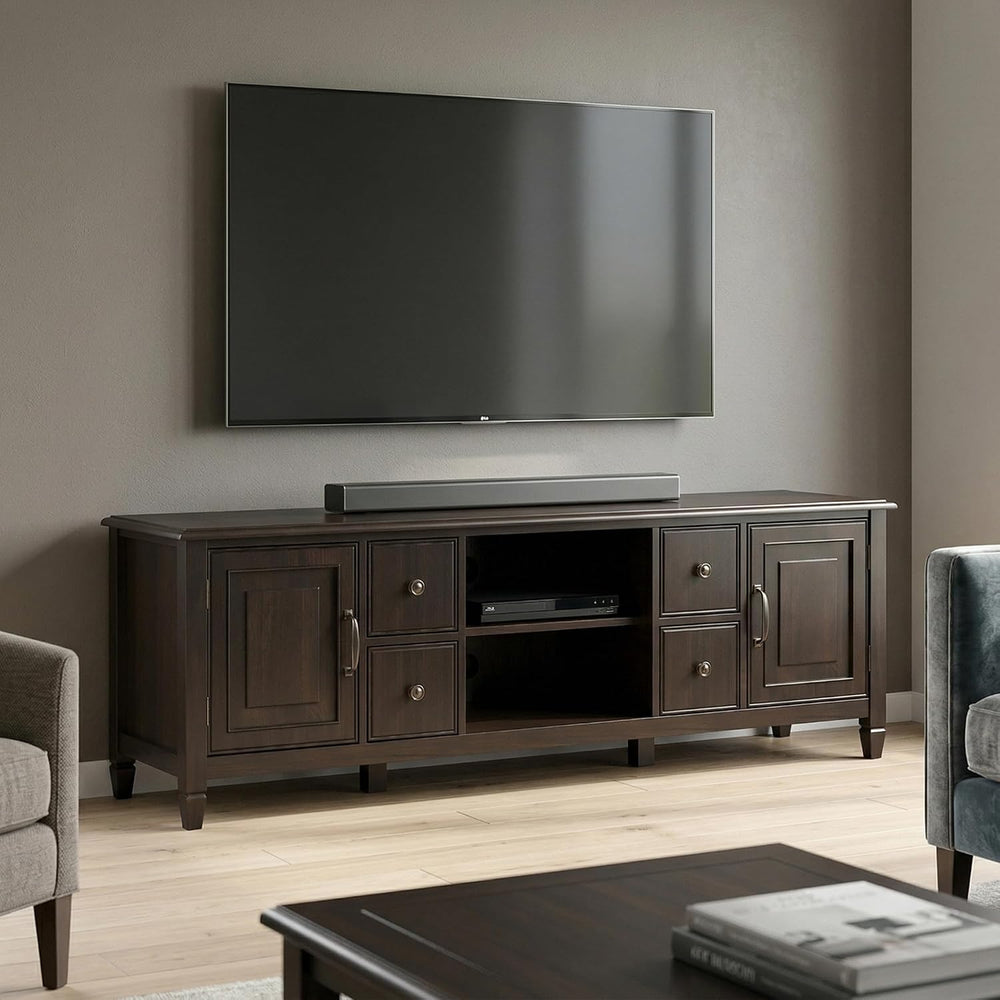 SIMPLIHOME Connaught 72" Wide Solid Wood TV Stand in Dark Chestnut Brown
