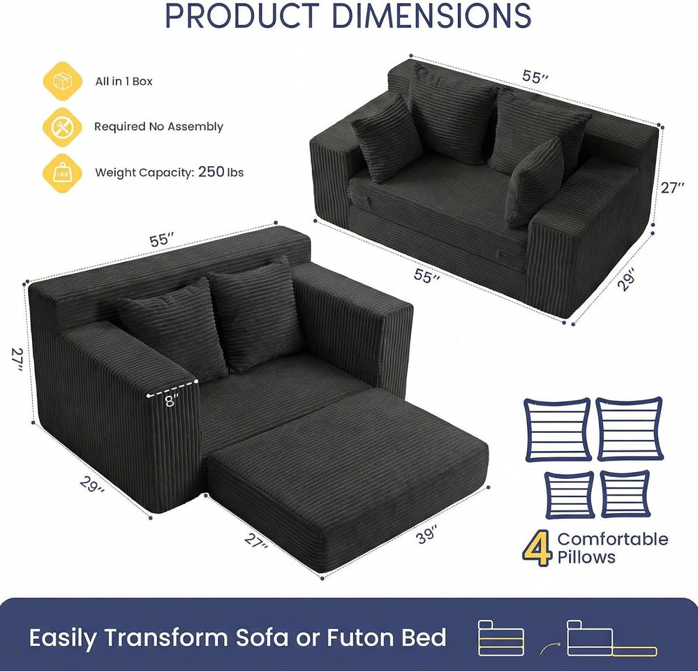 cidludto Boneless Couch Loveseat Sleeper, Convertible Sofa Bed Folding Couch ...