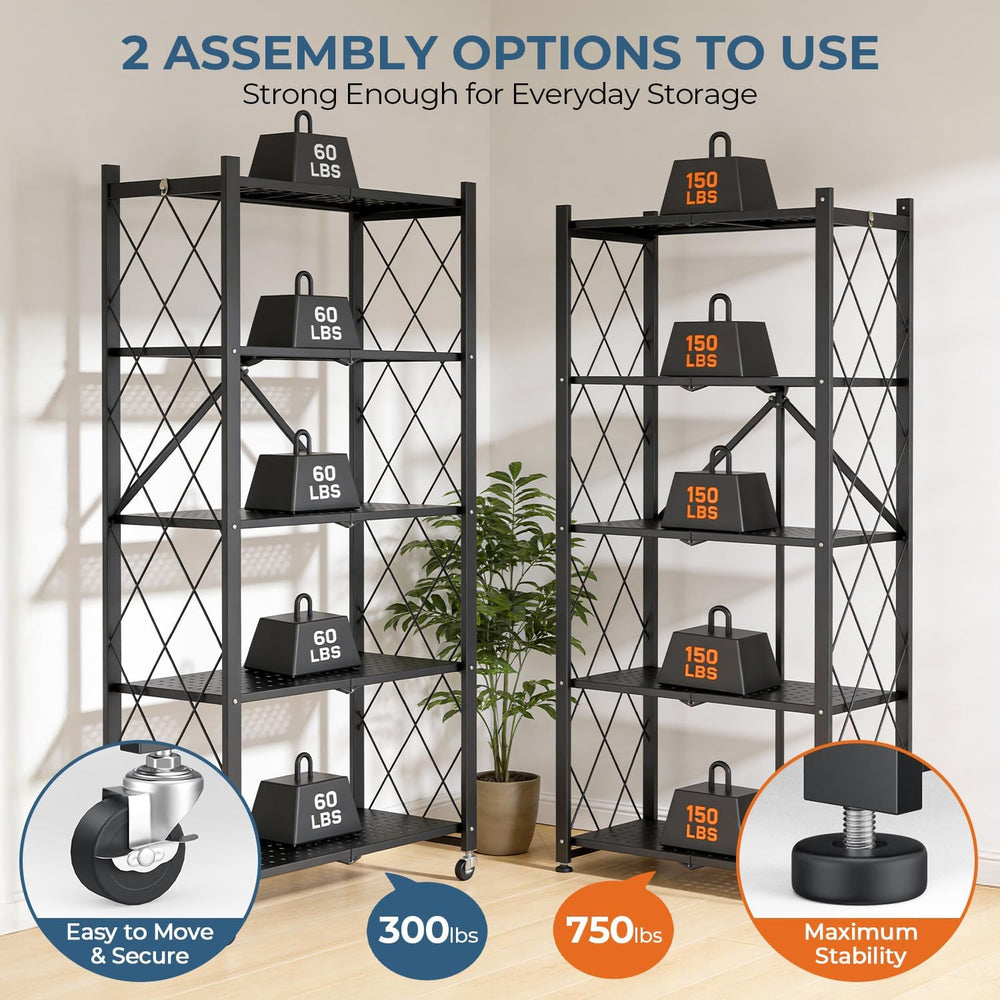 5-Tier Folding Metal Storage Rack - 63" Heavy-Duty Steel Frame with Whee...