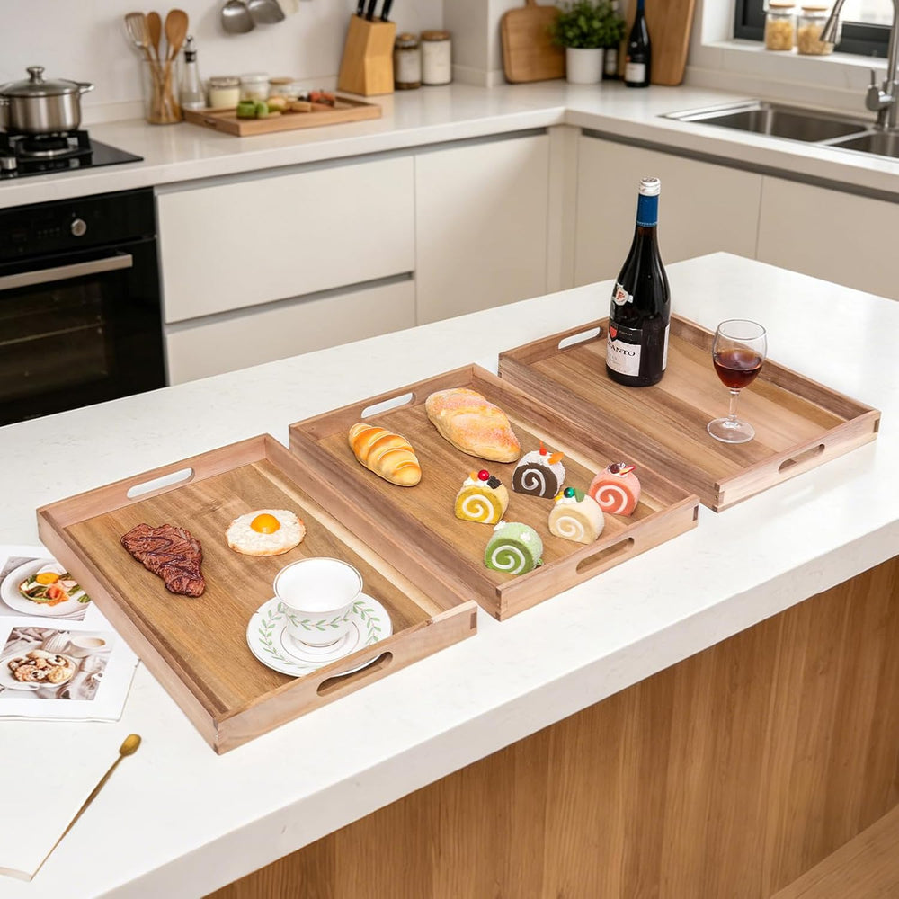 3-piece Set Wooden Serving Tray with Handles (17 Inches) – Decorative Serving...