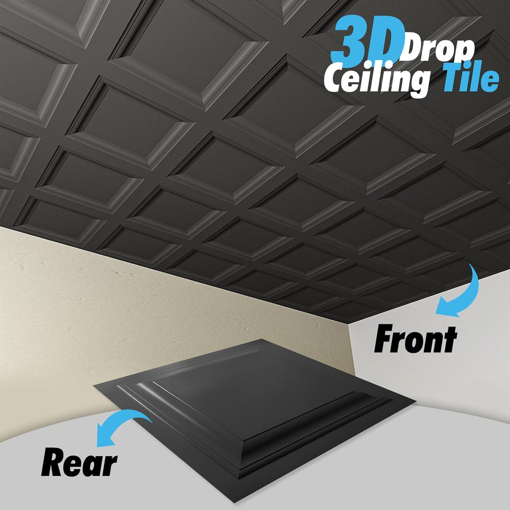 Art3d 12-Pack PVC Waterproof Drop Ceiling Tiles, 2 x 2 ft, Square, Black