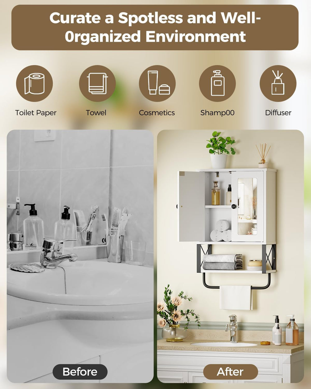 Bathroom Medicine Cabinet with Mirror, Wall Mounted Cabinet with Towel Bar