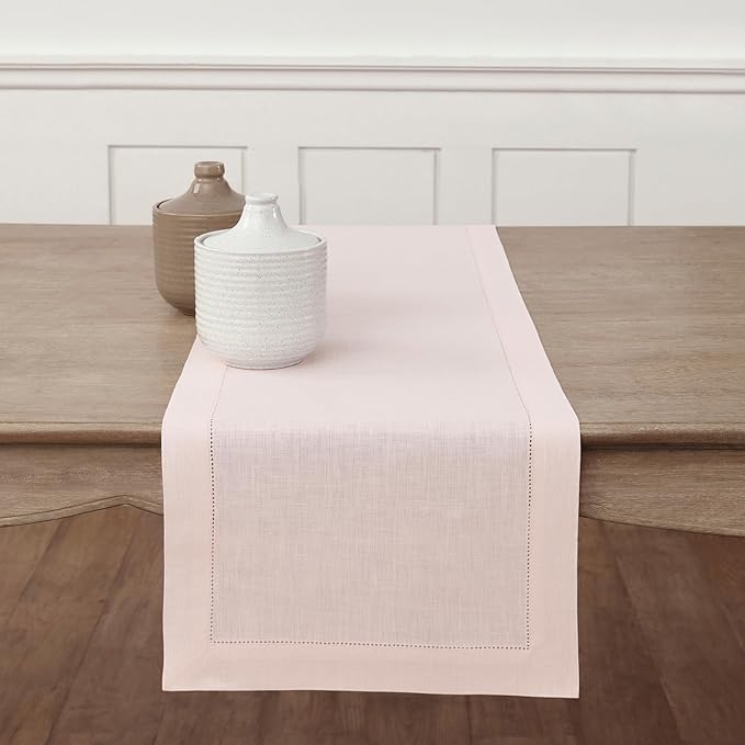 Solino Home Linen Pink Table Runner 72 Inches Long - 100% Pure Linen Hemstitc...