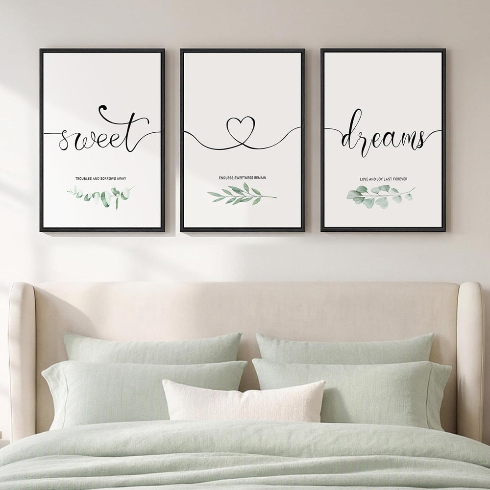Framed 3 Piece Sweet Dreams Minimalist Canvas Wall Art Bedroom, 16x24 Inch