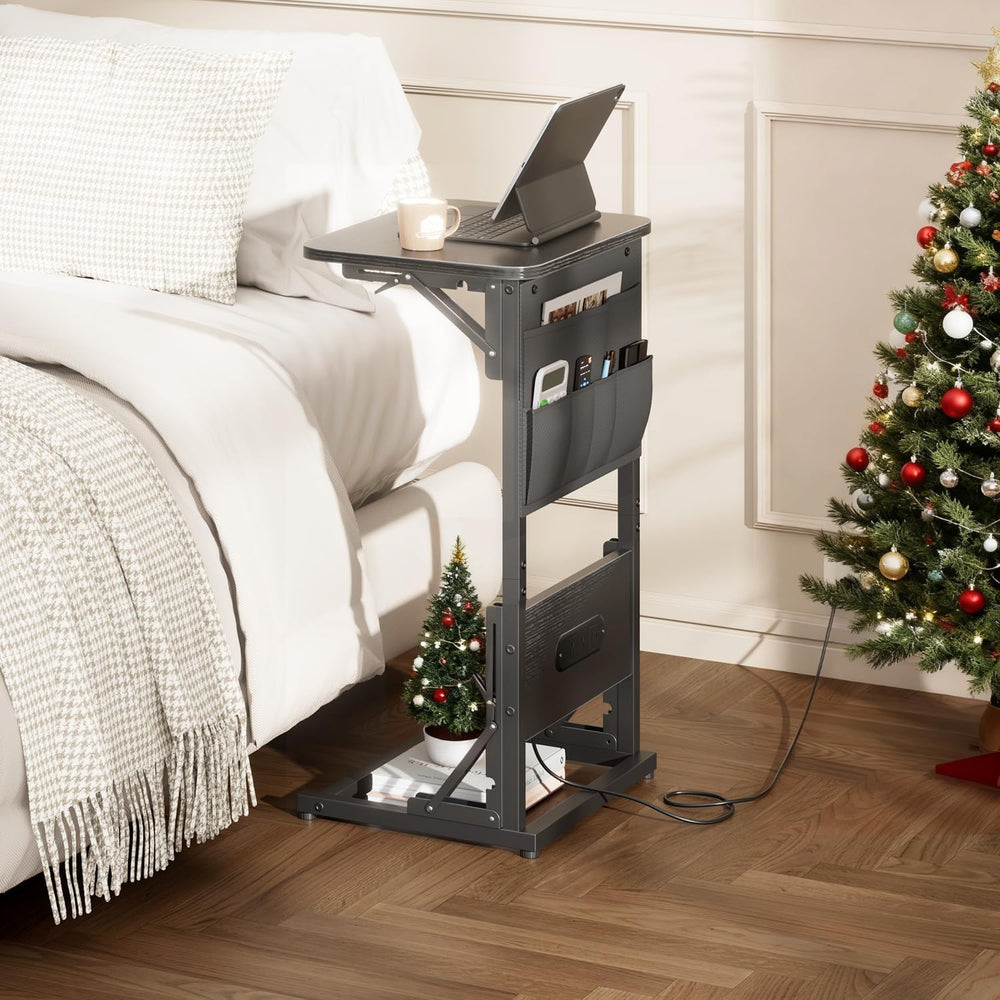 HLDIRECT C Shaped End Table with Charging Station & Storage Bag Black