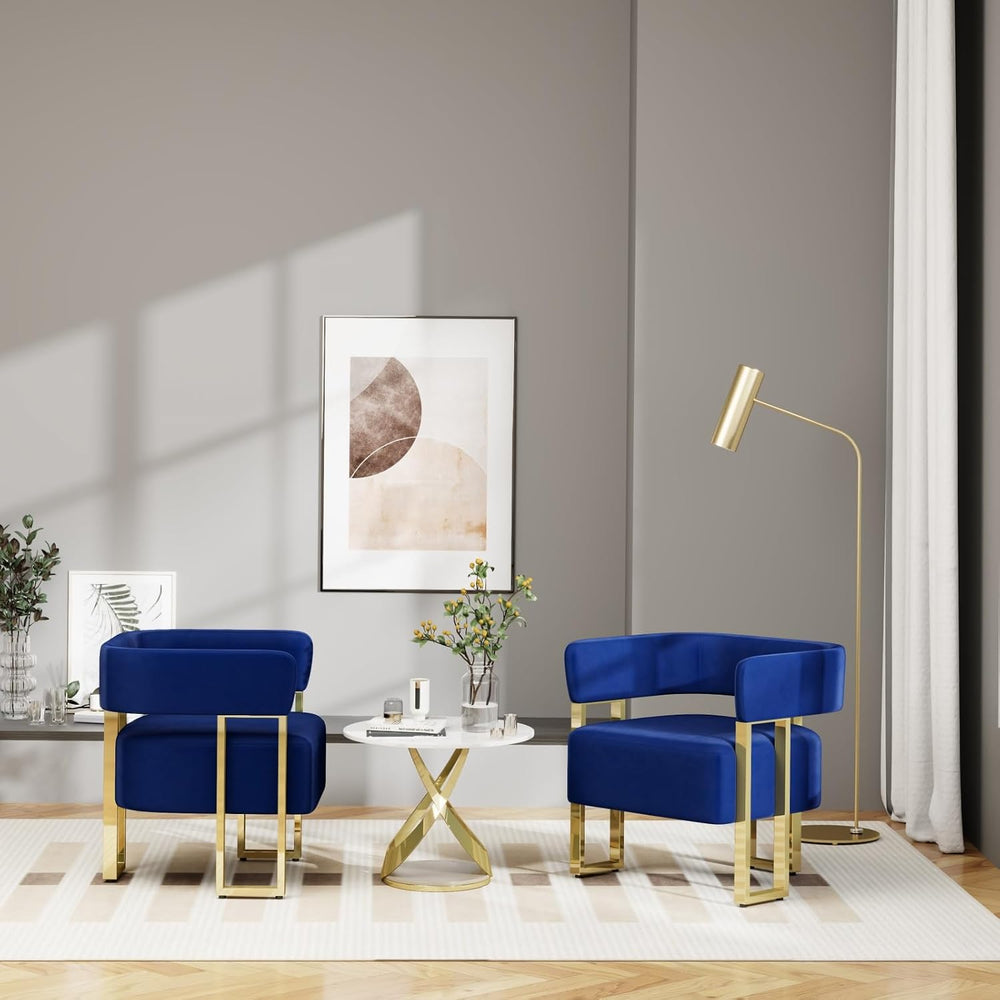 Velvet Dining Chairs Set of 2, Blue Upholstered Accent Armchairs, Gold Legs