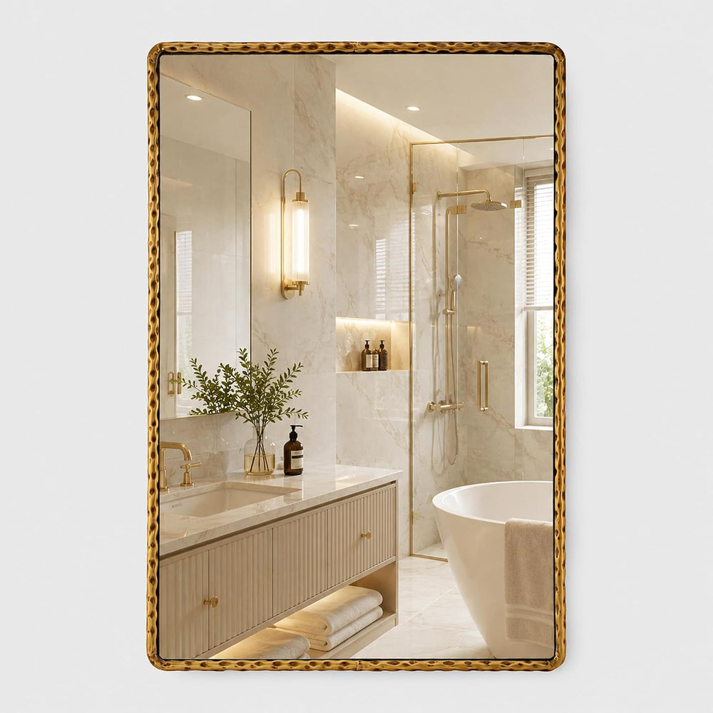 24"x36" Hammered Antique Gold Bathroom Mirror, Rounded Rectangle