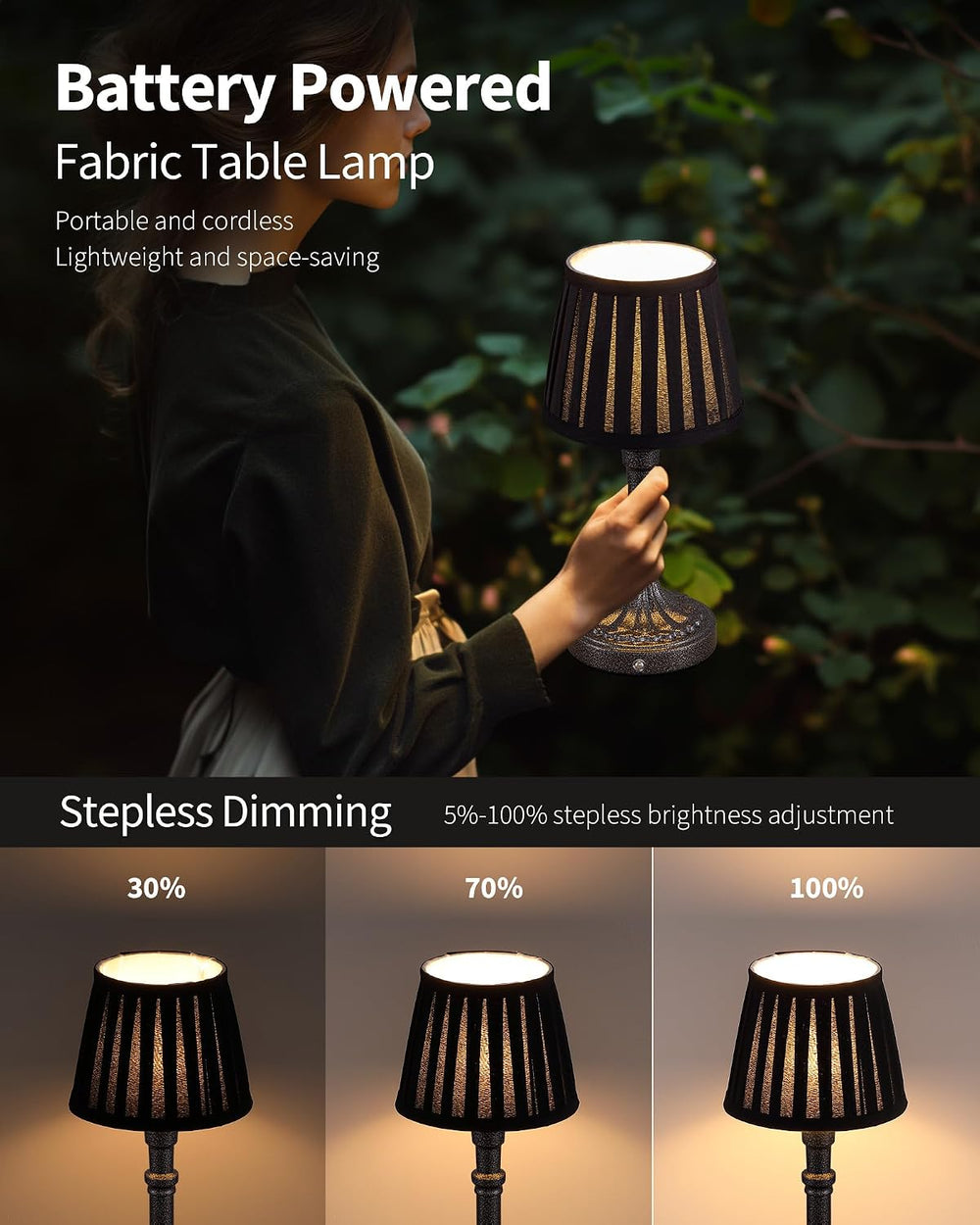 KDG Mottled Silver Cordless Table Lamps Set of 2, Black Fabric Shade Light