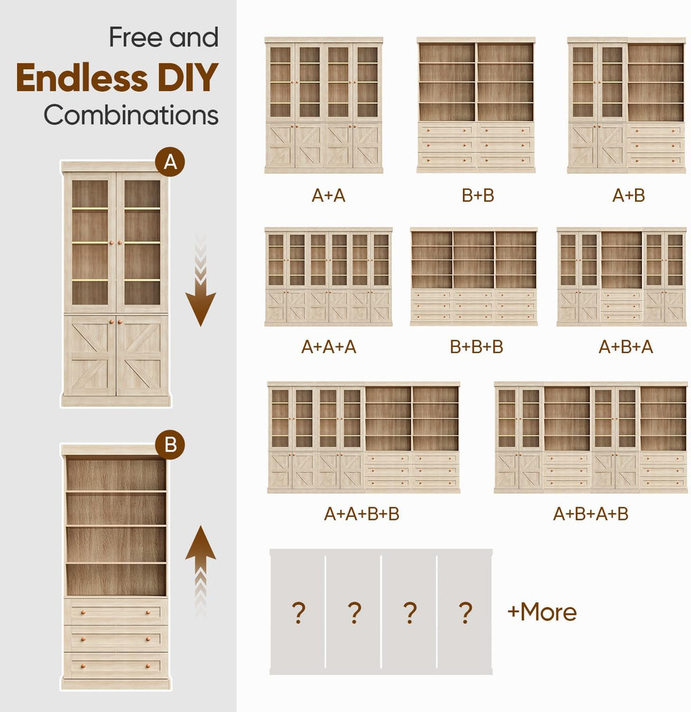 Vyre 71" Tall Farmhouse Bookshelves with Glass Doors, Brown Large Modula...