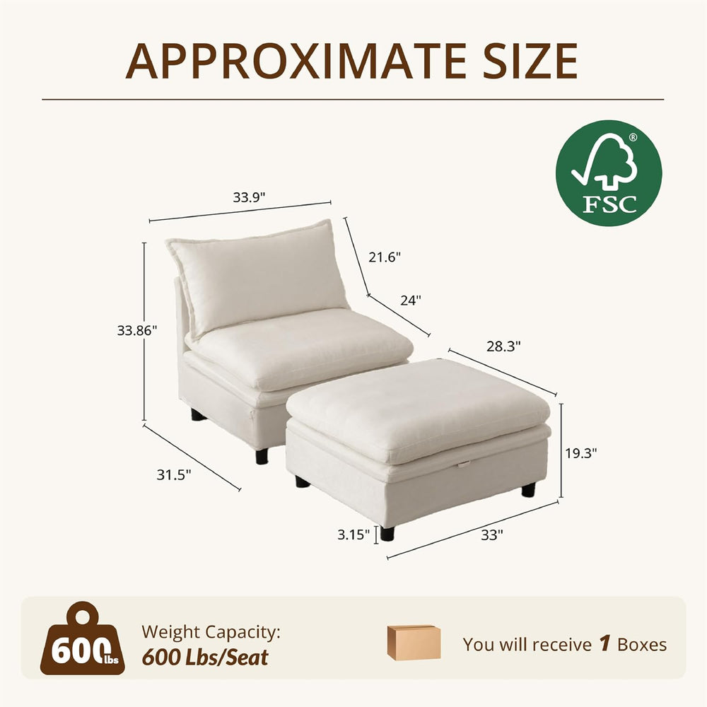 Single Armchair with Storage Ottoman, Modern Chenille Cloud