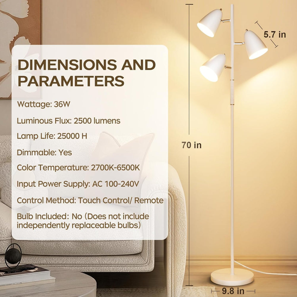 36W LED Floor Lamp for Living Room, Modern White 3-Light Tree Standing Lamp