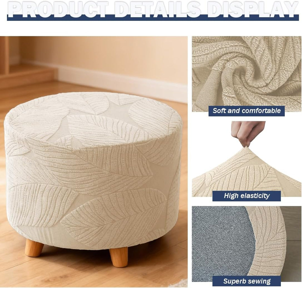 Round Ottoman Cover Stretch Round Ottoman Storage Slipcover Leaves Jacquard F...
