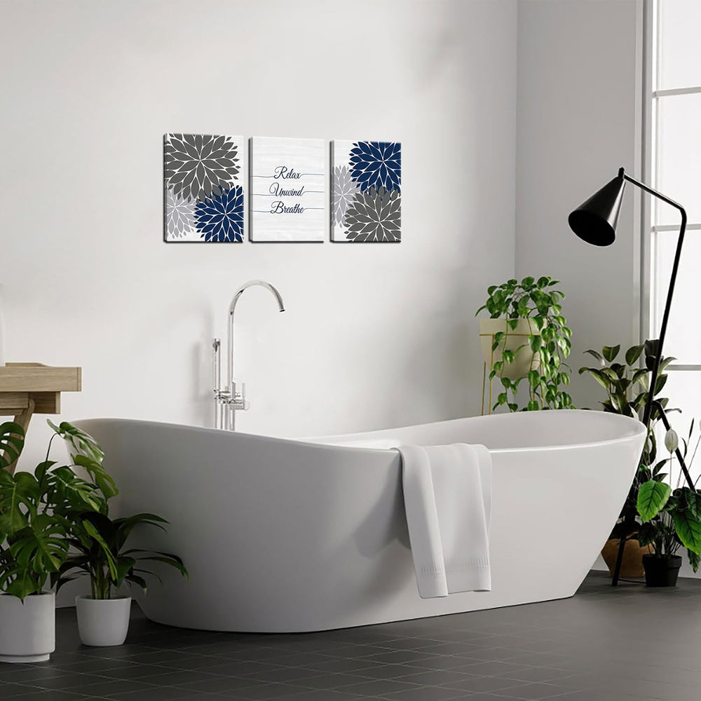iHAPPYWALL 3 Pieces Relax Unwind Navy Bathroom Wall Art Blue and Grey Bath Fl...
