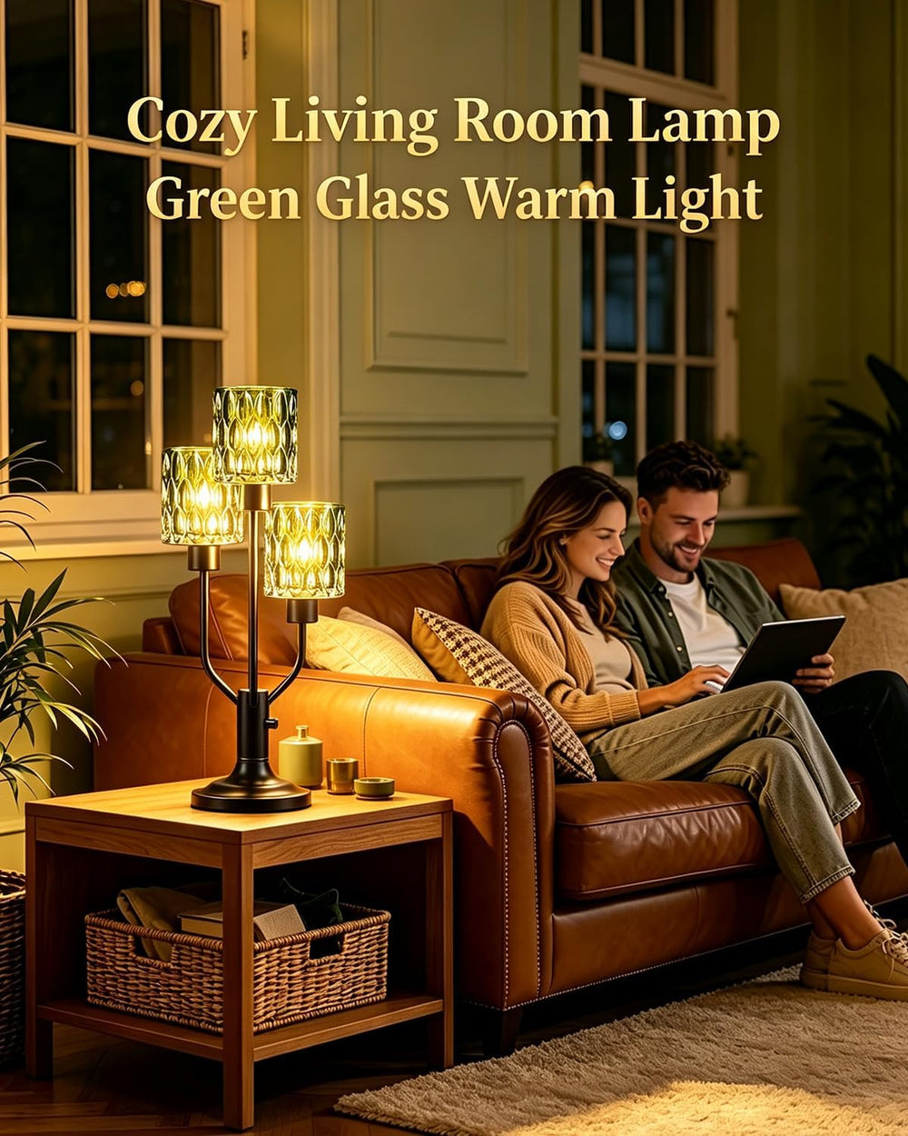 Mid Century Modern Green Glass Table Lamp Dimmable 3 Bulbs Included
