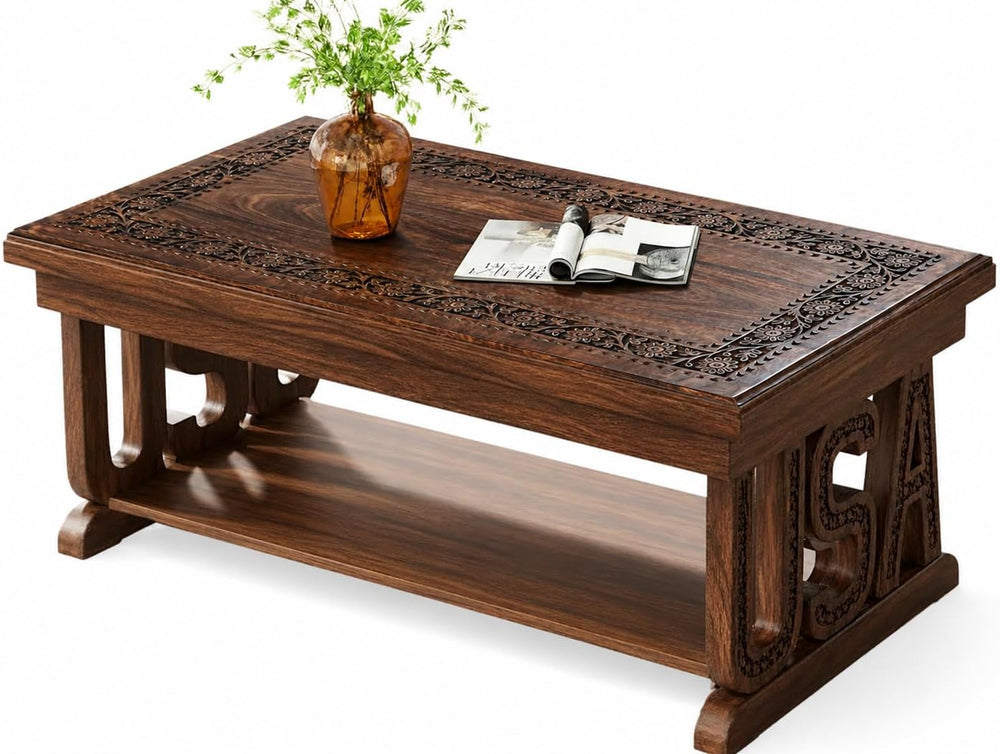 Coffee Table in Solid Wood With Hand Carving 40x20x18"_Burnt Rectangular