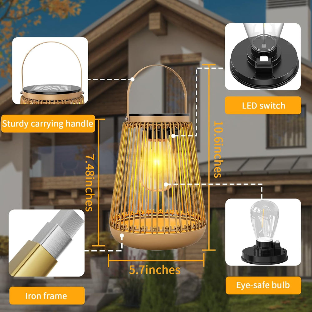 Solar Lanterns Outdoor Waterproof with Metal Base 2 Pack, Rattan Lanterns
