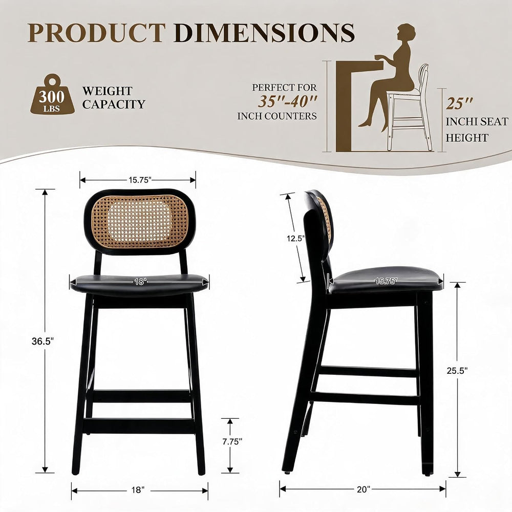 Shunzhi Rattan Counter Height Bar Stools Set of 4, Wood Farmhouse Barstools w...