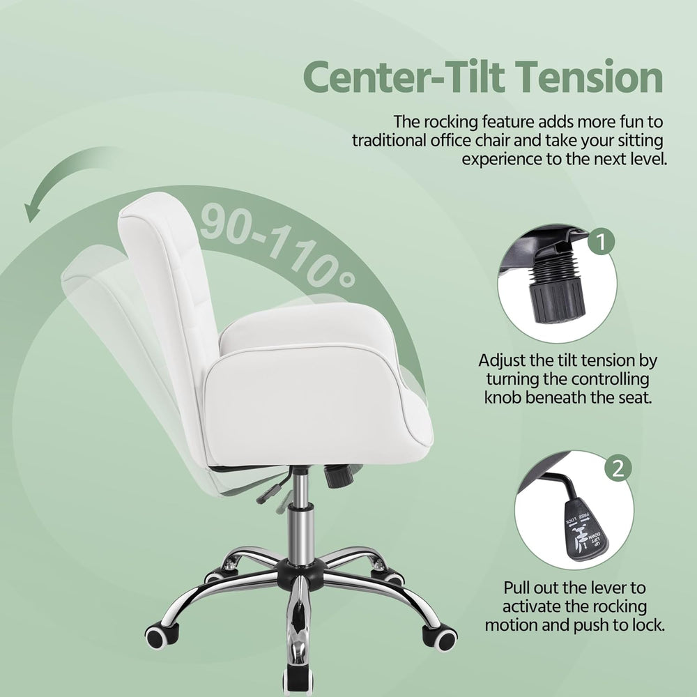 Yaheetech Tufted White Faux Leather Swivel Vanity Desk Chair with Armrests