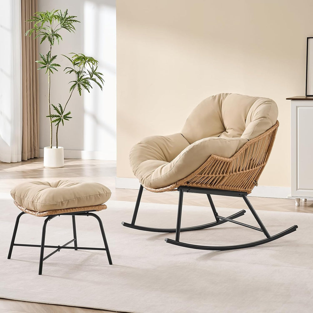 Papasan Rocking Chair with Ottoman, Oversized Papasan Chair, Beige