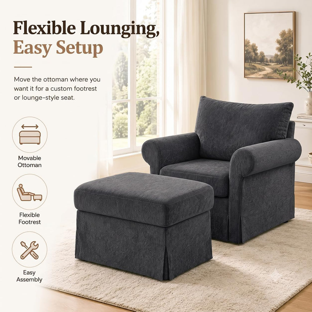 35.82" Oversized Accent Chair with Ottoman, Chenille Armchair, Gray